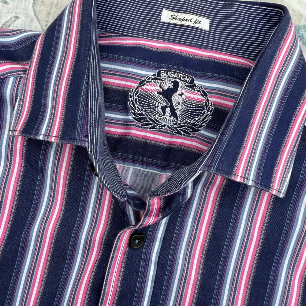 Bugatchi Button Down Mens L Navy Blue‎ Pink Striped Short Sleeve Shaped Fit
